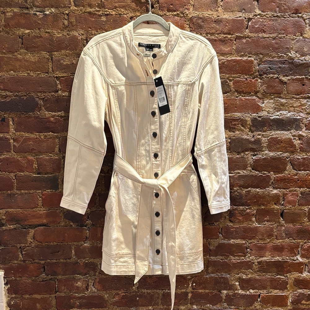 Veronica Beard Cream Basia Denim Button Down Mini Dress with Tie Size 10
